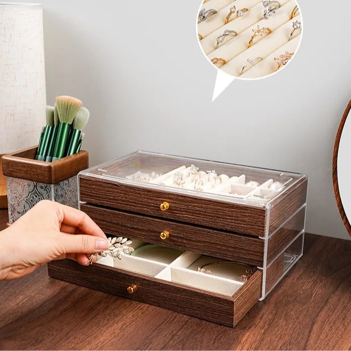 HeritageBox™ — 3-Drawer Wooden Jewelry Organizer with Clear Display Lid / Display, Protect, and Organize Your Entire Jewelry Collection in One Elegant Piece!