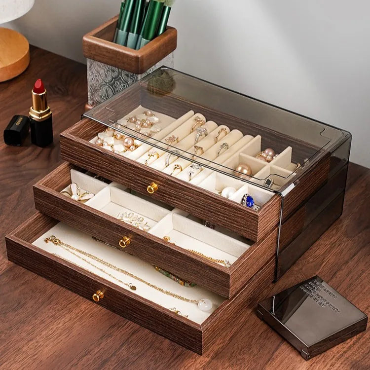 HeritageBox™ — 3-Drawer Wooden Jewelry Organizer with Clear Display Lid / Display, Protect, and Organize Your Entire Jewelry Collection in One Elegant Piece!